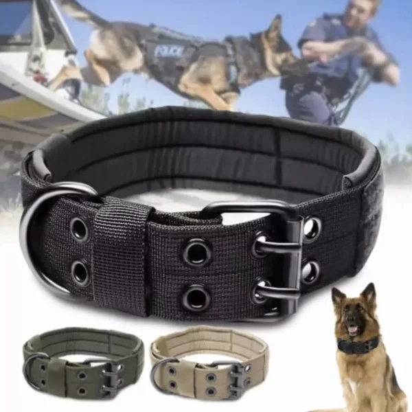 Collier militaire pour chien large en nylon robuste avec rembourrage confortable et anneau en D